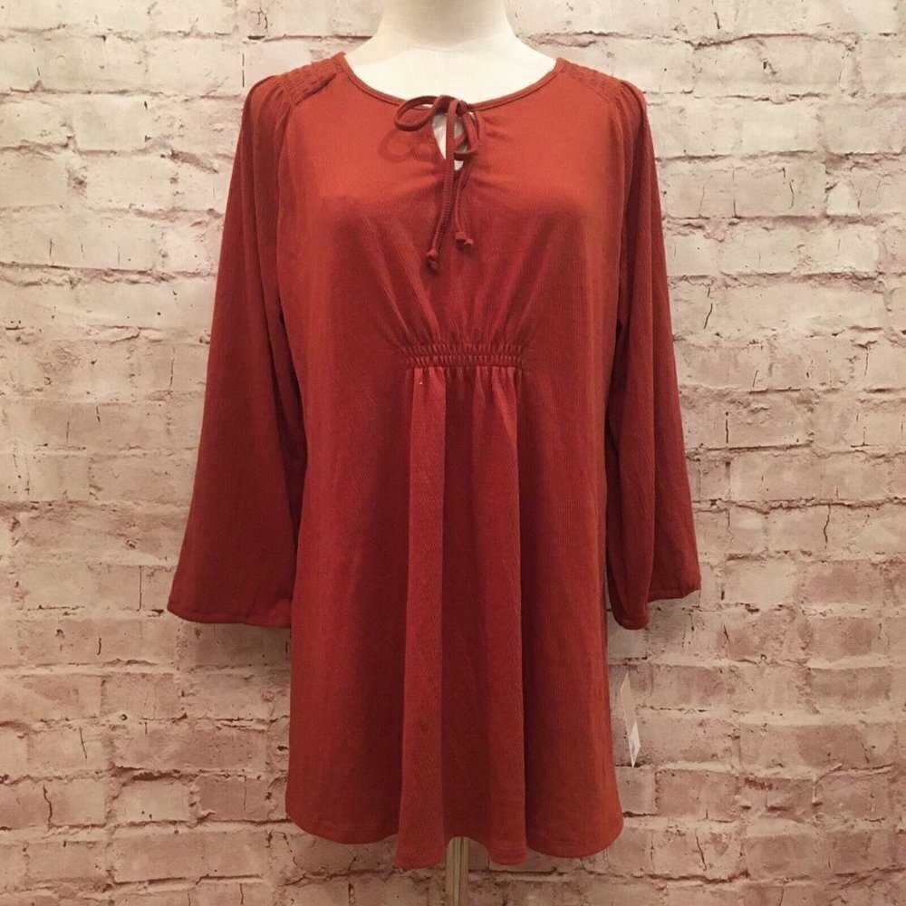 A GLOW  Maternity Brick Red Smocked Peasant Top Shirt Tie Neck 3/4 Sleeve Size M